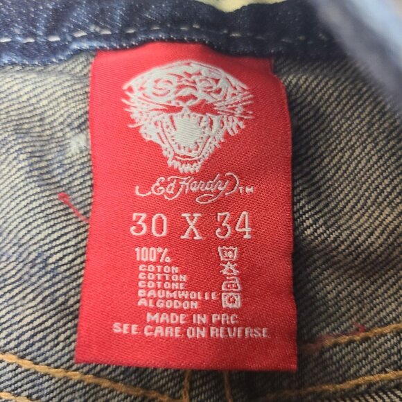 Vintage Y2K Ed Hardy‎ Death or Glory Distressed Embroidered Baggy Jeans 30 x 34” - Picture 7 of 13